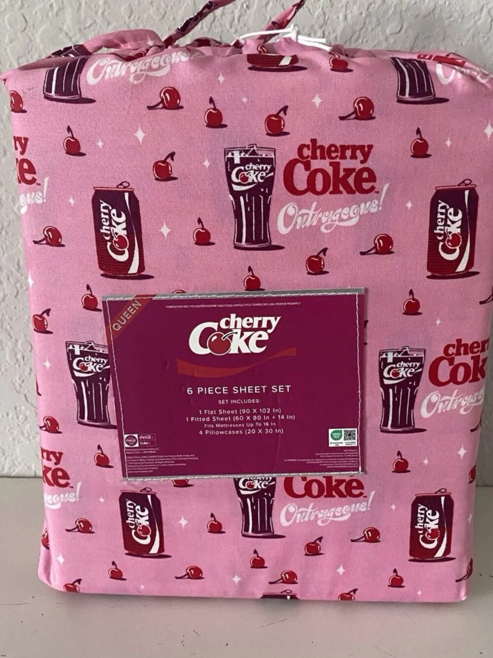 6 Piece Cherry Coke Outrageous Can QUEEN Size Sheet Set Bedding Pink Soft NEW